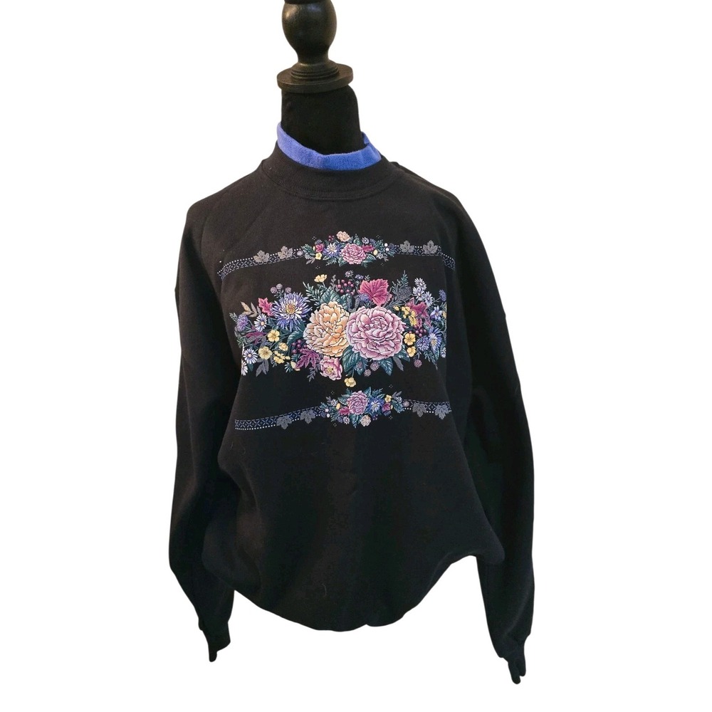 DAY BREEZE 90's Grandma's Granycore Sweatshirt SZ XL Black‎ Pastel Floral #1124